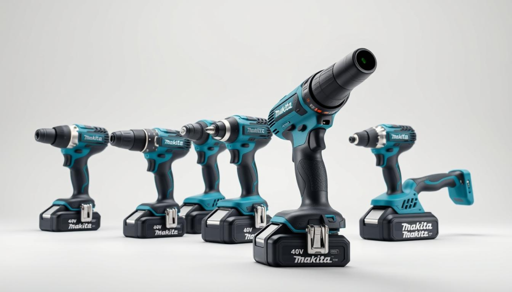 Makita 40V tools ergonomic design, showcasing a sleek, modern power tool lineup in a well-lit studio setting. Capture the tools' streamlined silhouettes, featuring soft curves and contoured grips for comfortable handling. Emphasize the premium materials and attention to ergonomic details, such as textured surfaces and balanced weight distribution. Depict the tools in a neutral color palette, allowing their functional design to take center stage. Utilize a high-resolution camera lens to capture fine details and crisp, high-quality visuals. Convey a sense of sophistication and innovation, reflecting the advanced capabilities of Makita's 40V power tool system.