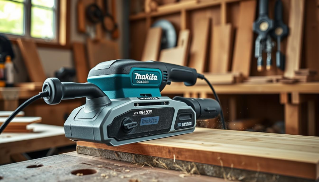 Makita 9403 belt sander in action, cutting through wood effortlessly with its powerful 11 Amp motor. In the foreground, the sander's sleek and sturdy design is highlighted, showcasing its ergonomic grip and user-friendly controls. The middle ground reveals the sander in use, as it glides across a wooden surface, leaving a smooth, even finish. In the background, a well-lit workshop setting provides the perfect backdrop, with a focus on the sander's versatility in handling various sanding tasks, from large flat surfaces to intricate edges and corners. The scene conveys a sense of efficiency and craftsmanship, capturing the Makita 9403's ability to tackle a wide range of DIY projects with precision and ease.