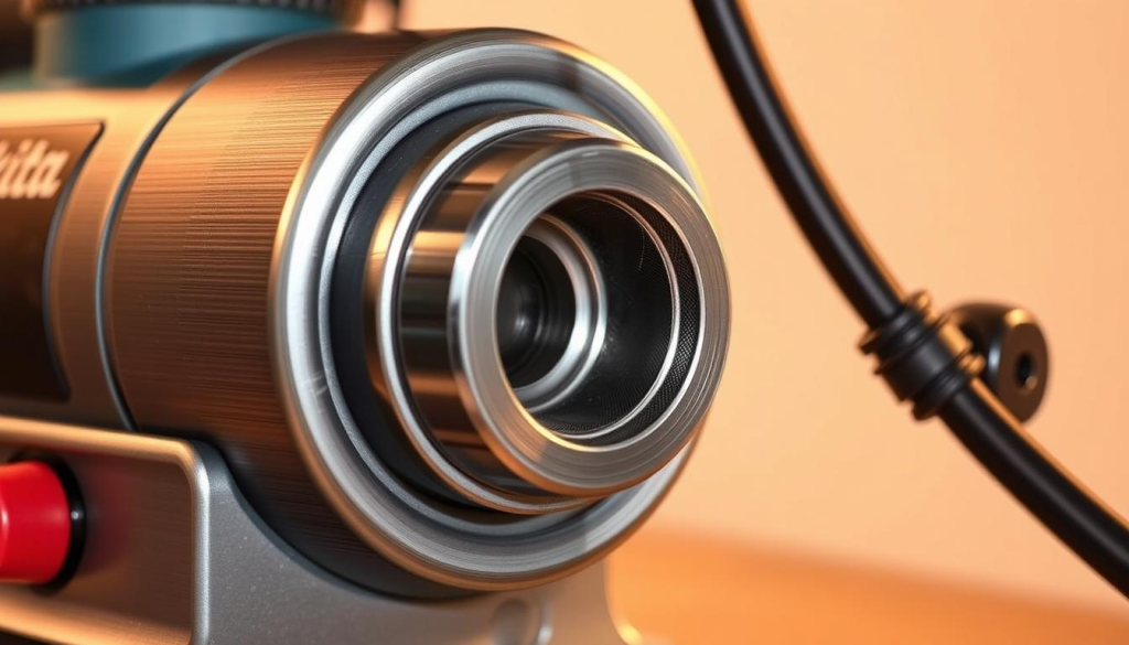 Makita 9403 dust collection system in high detail. A sleek, industrial-looking tool with a brushed metal finish. The dust collection port is prominently featured, designed to efficiently capture and contain debris from the belt sander's operation. Lighting is warm and directional, highlighting the tool's mechanical components and emphasizing its purpose. The background is minimalist, allowing the dust collection system to be the focal point. The overall composition conveys the system's functionality and integration within the Makita 9403 belt sander, a powerful tool for DIY projects.