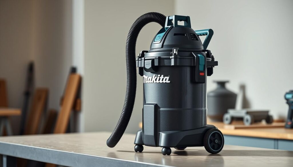Makita Dust Extractor, a sleek and efficient industrial-grade vacuum, standing prominently on a clean, well-lit workbench. The device's sturdy construction and ergonomic design are highlighted by soft, directional lighting, casting subtle shadows that accentuate its functional features. In the background, a neutral, slightly blurred workspace evokes a professional, workshop-like atmosphere, complementing the Makita's purpose-driven aesthetic. The image captures the essence of the Makita Dust Extractor as a reliable, high-performance tool for effective dust control in any workshop or jobsite.