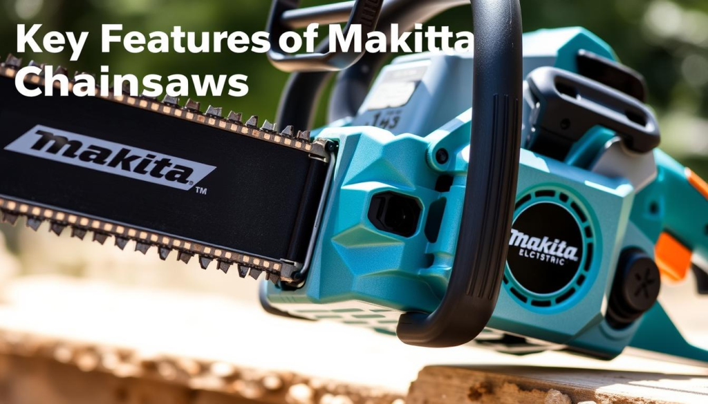 Makita Electric Chainsaw, a lightweight and powerful tool for versatile cutting. A detailed close-up view showcasing the sleek and ergonomic design, with a focus on the compact motor and battery housing. Bright natural lighting illuminates the sturdy metal housing, creating a crisp and clean aesthetic. The chainsaw is positioned at a slight angle, highlighting the efficient blade and guide bar. The background is blurred, drawing the viewer's attention to the key features of this Makita power tool. Convey a sense of durability, precision, and ease of use to align with the section title "Key Features of Makita Electric Chainsaws".