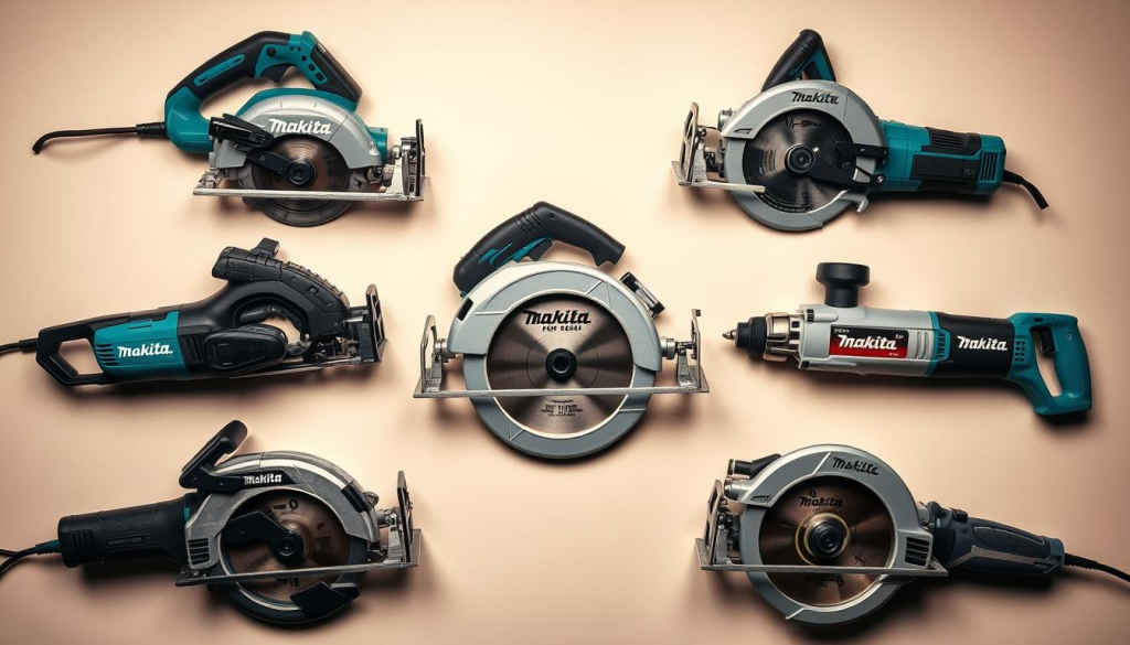 Makita Flip Saw comparison: A well-lit, high-angle studio shot showcasing the Makita Flip Saw alongside similar circular saws from competing brands. Arrange the power tools in a neat, symmetrical layout, with the Makita model prominently displayed in the center. Capture the distinct design features, blade guards, and ergonomic handles of each saw in crisp, detailed focus. Render the scene with a clean, professional aesthetic, using warm, neutral tones and soft, diffused lighting to accentuate the products' premium build quality. Convey a sense of technical precision and thoughtful product comparison.