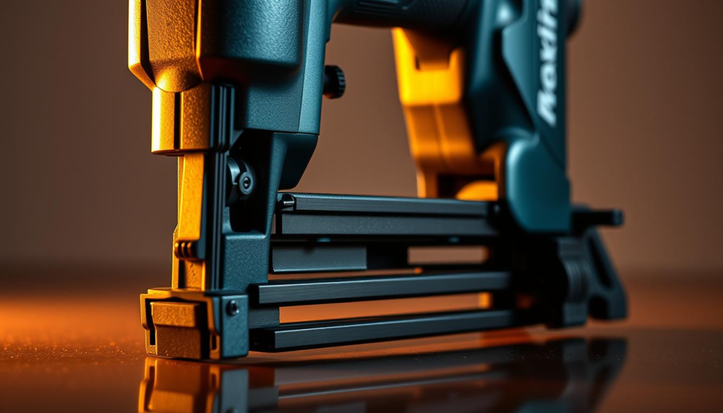 Makita Framing Nailer Precision: a sleek, high-powered tool captured in a detailed close-up, its rugged metal body gleaming under warm, directional lighting. The nailer's serrated nose and sharp angled head are highlighted, showcasing its precision engineering. The powerful trigger mechanism and ergonomic grip are rendered with crisp clarity, inviting the viewer to imagine the tool's smooth, efficient operation. The background is muted, placing the nailer in sharp focus to emphasize its robust construction and premium quality. Subtle reflections on the surface lend a sense of depth and physicality, making the image feel tactile and immediate.