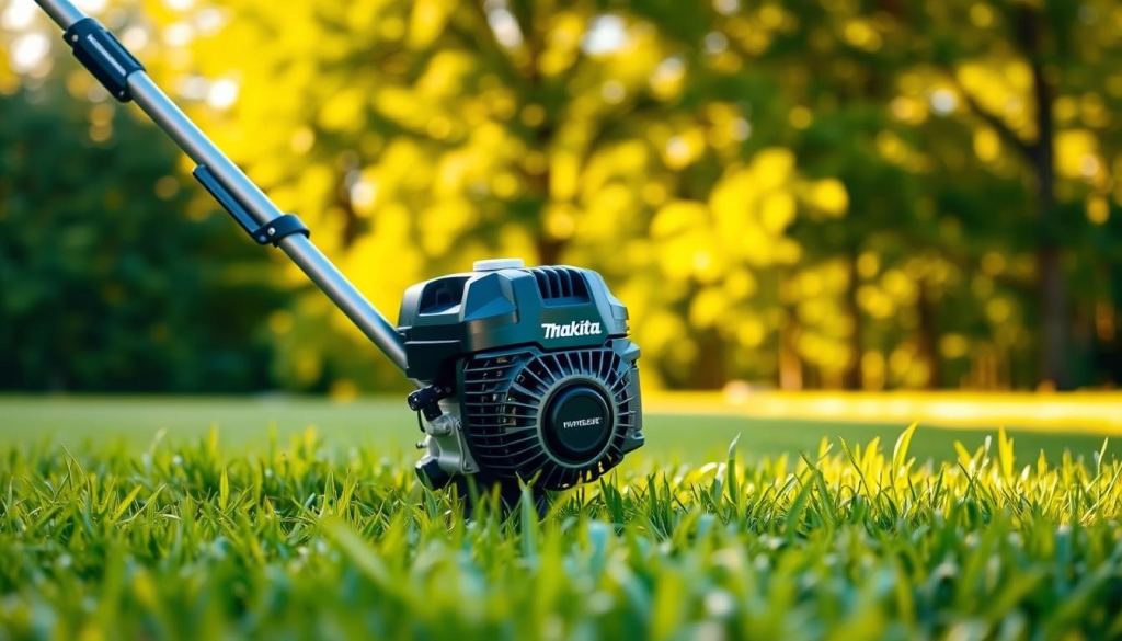 Makita Gas-Powered Weed Eater, a powerful lawn maintenance tool. Sleek, metallic body against a lush, verdant backdrop. Vibrant green grass fills the middle ground, contrasted by a hazy, out-of-focus foliage in the distance. Warm, golden sunlight filters through, casting soft shadows and highlights on the device. The weed eater's engine is prominently featured, conveying its robust, commercial-grade construction. The cutting head is angled, ready to tackle overgrown vegetation with precision. The overall scene exudes a sense of effortless efficiency and professional-grade performance, perfectly suited for the "Types of Makita Weed Eaters" section.