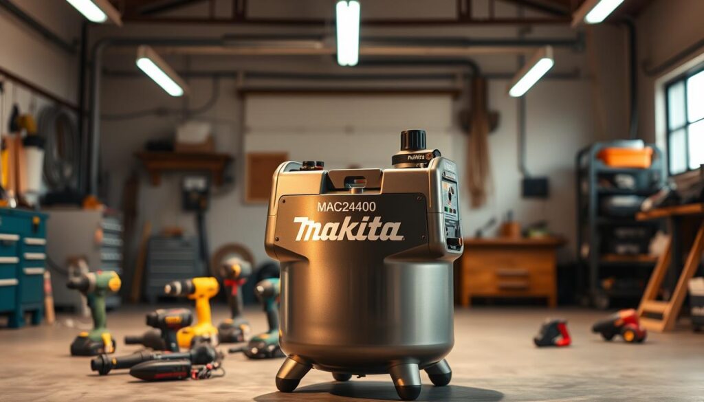 Makita MAC2400 portable air compressor, standing in a well-lit workshop with a warm, inviting atmosphere. The compressor is the central focus, captured from a slightly elevated angle to showcase its robust and sturdy construction. The metallic body gleams under soft, directional lighting, highlighting the Makita branding and details. In the middle ground, various power tools and accessories are neatly arranged, suggesting the compressor's versatility and integration into a productive workspace. The background features a clean, organized environment with subtle hints of industrial elements, conveying a sense of efficiency and professionalism. The overall composition and lighting create a balanced, visually appealing image that showcases the Makita MAC2400's quality and suitability for real-world applications.