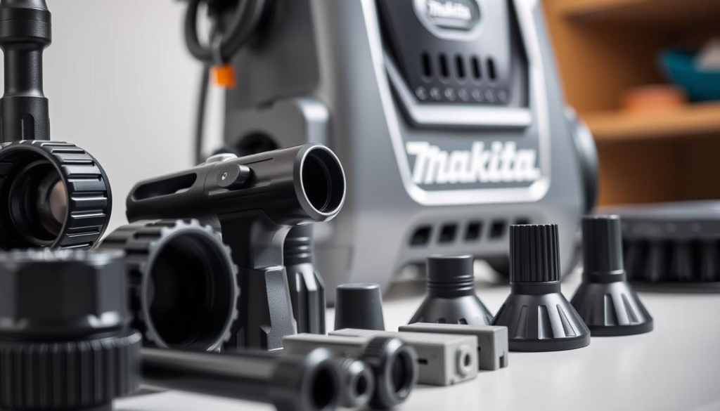 Makita Pressure Washer Accessories: A Close-Up Showcase A detailed close-up shot of Makita's pressure washer accessories, capturing their sleek design and professional-grade quality. The foreground features an assortment of attachments, nozzles, and brushes in a crisp, well-lit arrangement, highlighting their intricate textures and durable construction. The middle ground showcases the pressure washer unit itself, its body gleaming with a metallic finish. The background is softly blurred, placing emphasis on the accessories and their intended usage. The overall mood conveys a sense of precision, efficiency, and the promise of effortless high-powered cleaning.
