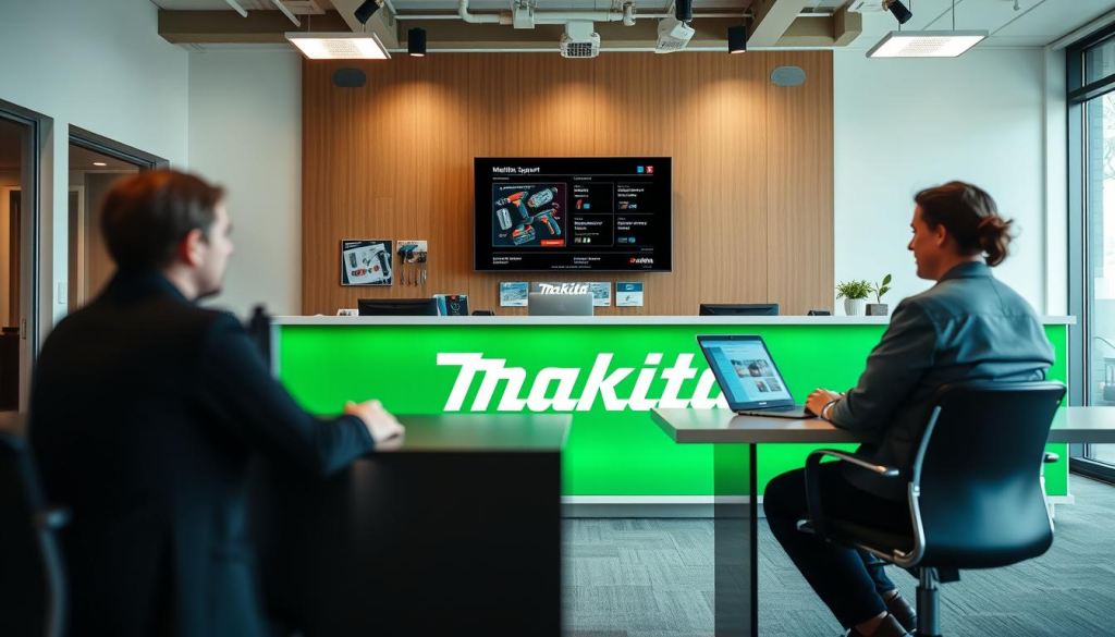 Makita USA customer support desk, set in a modern, well-lit office environment. In the foreground, a friendly customer service representative sits at a sleek, minimalist workstation, providing attentive assistance to a customer. The middle ground showcases the Makita brand's iconic green and black color scheme, with a prominent display of the company's logo and product lines. In the background, a wall-mounted TV displays product information and warranty details, creating a sense of professionalism and expertise. The lighting is soft and diffused, creating a warm and welcoming atmosphere, while the camera angle is positioned to capture the interaction between the customer and the representative, emphasizing the brand's commitment to customer satisfaction.