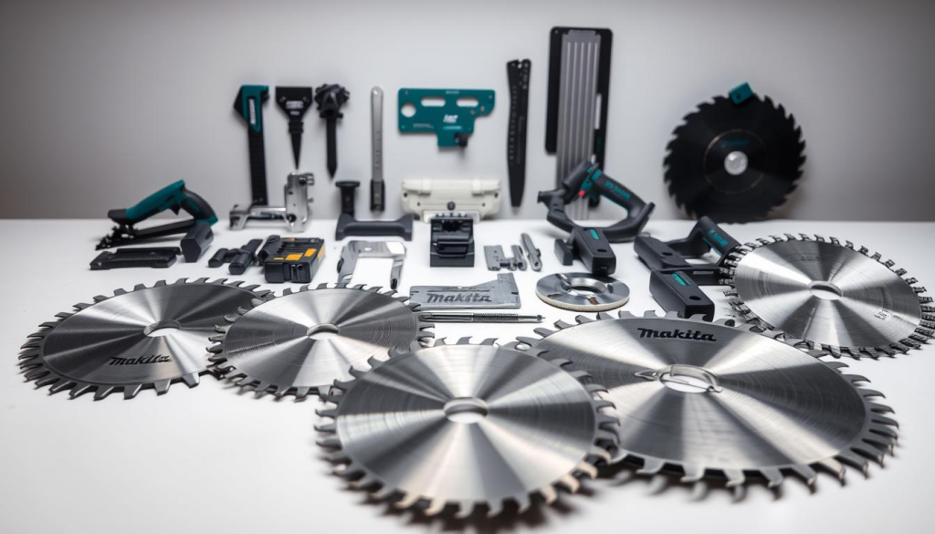 Makita circular saw accessories, neatly arranged on a clean, well-lit workbench. In the foreground, a selection of saw blades in various sizes and tooth configurations, their blades gleaming under the soft, directional lighting. In the middle ground, an assortment of cutting guides, rip fences, and dust collection attachments, showcasing the versatility of the Makita saw. The background features a crisp, neutral backdrop, allowing the tools to take center stage. The overall composition conveys a sense of precision, organization, and the high-quality craftsmanship associated with the Makita brand.