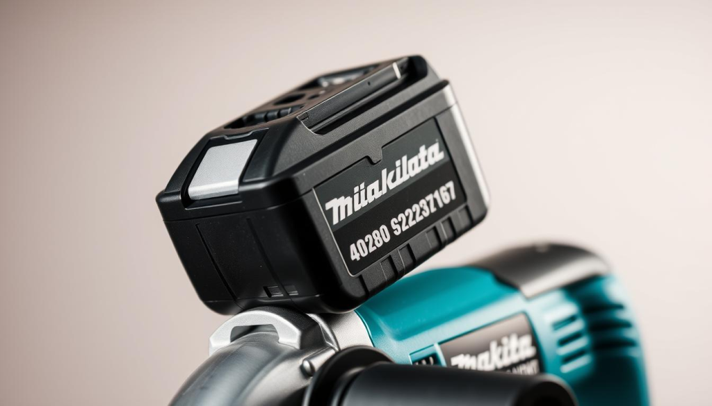 Makita cordless grinder battery, meticulously crafted with a sleek, modern design. The battery sits atop the grinder, its metallic surface gleaming under the soft, directional lighting. The entire composition is set against a subtle, gradient background, allowing the battery to take center stage. The image conveys a sense of power, precision, and durability, reflecting the performance and reliability of the Makita cordless grinder. The camera angle is slightly elevated, creating a sense of authority and emphasizing the battery's importance within the overall tool system.