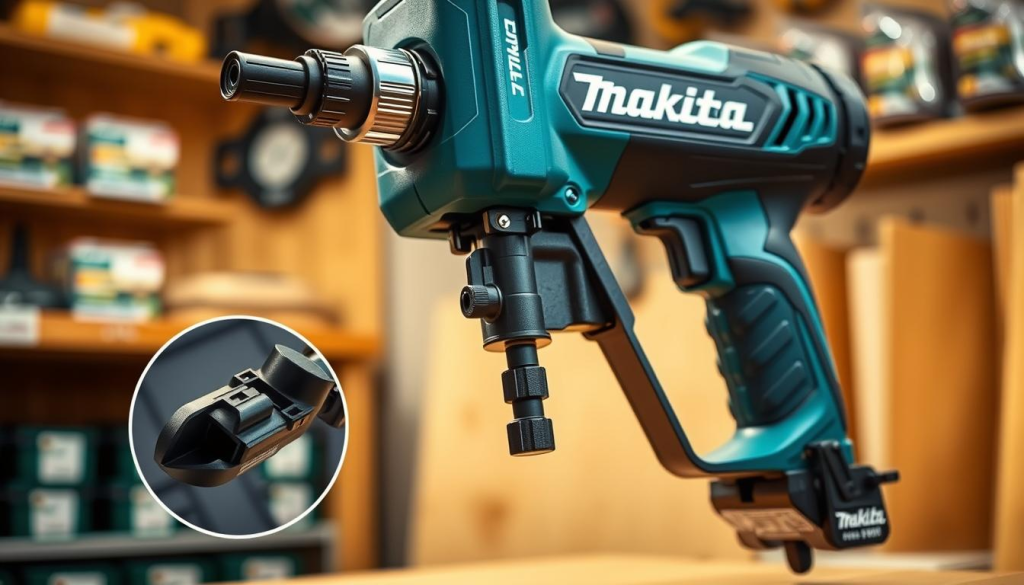 Makita cordless nail gun, meticulously rendered in a high-resolution, photorealistic style. Centered on the tool, showcasing its sleek design and ergonomic grip. In the foreground, a close-up view highlights the safety trigger, designed to prevent accidental discharge. In the middle ground, the tool's exhaust port and depth adjustment mechanism come into focus, emphasizing the precision and control. The background features a softly blurred workshop setting, with shelves of Makita accessories providing context. Warm, directional lighting casts subtle shadows, accentuating the nail gun's contours and textures. The overall scene conveys a sense of professionalism, functionality, and attention to safety.