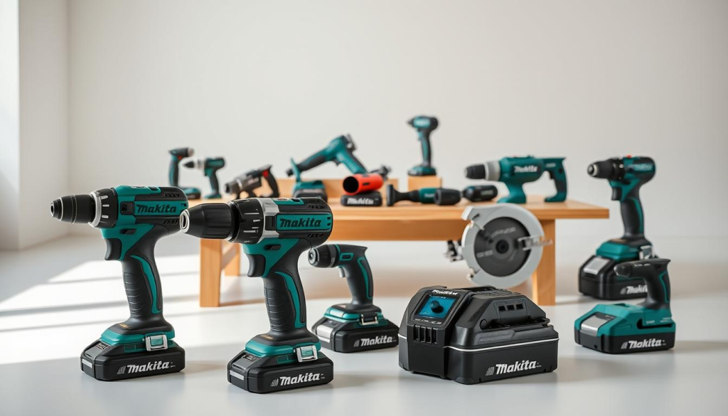 Makita cordless power tools, arranged in a clean, well-lit studio setting. Foreground showcases several tools - an impact driver, a circular saw, and a rotary hammer drill - their sleek designs and distinctive green and black color schemes prominently featured. Midground contains additional cordless tools, neatly organized on a minimalist wooden table. Background is a neutral, softly-lit backdrop, highlighting the tools' modern, professional aesthetic. Lighting is natural, with soft shadows and highlights accentuating the tools' textures and details. The overall mood is one of quality, efficiency, and user-friendliness, reflecting the reliable performance and intuitive design that Makita is known for.