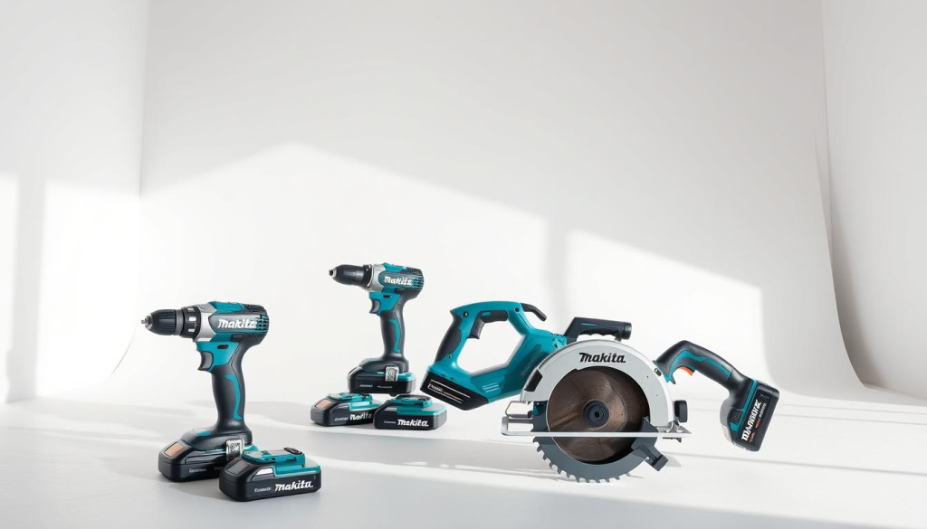 Makita cordless power tools in a sleek, minimalist setting. A well-lit, airy studio space with white walls and a clean, uncluttered backdrop. In the foreground, a collection of Makita's signature cordless tools - a drill, an impact driver, and a circular saw - arranged in a visually appealing composition. The tools are showcased in a way that highlights their modern, streamlined design and sustainable materials. Soft, natural lighting creates subtle shadows, lending depth and texture to the scene. The overall atmosphere conveys a sense of professionalism, efficiency, and Makita's commitment to environmental responsibility.