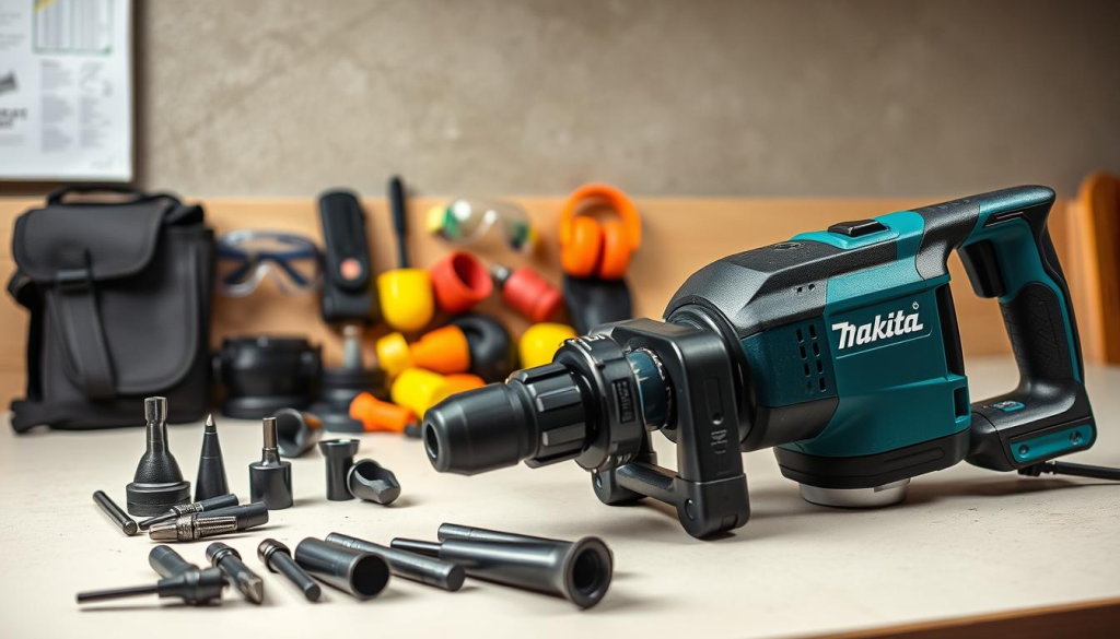 Makita demolition hammer accessories, arranged on a clean, well-lit workbench. In the foreground, the demolition hammer with various attachments, such as chisel bits and a dust collection shroud, showcasing the tool's versatility. In the middle ground, an array of accessories like safety goggles, earplugs, and a hammer holster, emphasizing the importance of protective equipment. In the background, a neutral, slightly blurred backdrop, allowing the accessories to be the focal point. The overall scene conveys a sense of professional-grade tools and gear, ready to tackle any demolition task with ease and efficiency.