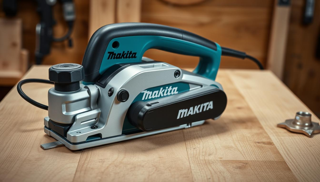 Makita electric planer, sleek and powerful, resting on a wooden workbench. Capturing its robust design with precision, the image showcases the tool's sturdy aluminum body and sharp carbide blades. Soft, directional lighting highlights the smooth contours and metal accents, creating a sense of quality craftsmanship. The planer is positioned in the center, with a clutter-free background emphasizing its prominence. Subtle textures in the wood surface add depth and a tactile quality, complementing the industrial aesthetic. An overall sense of professionalism and attention to detail permeates the scene, reflecting the high-performance capabilities of this Makita power tool.
