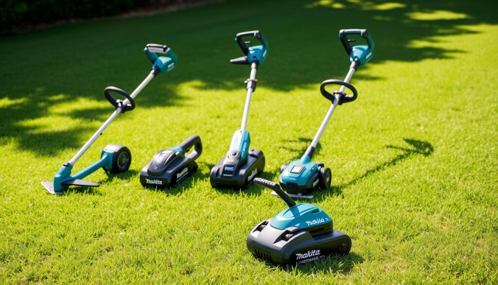 Makita grass trimmer comparison, showcasing the sleek and powerful trimmers in a well-lit outdoor setting. In the foreground, the latest Makita cordless weed trimmer model stands out with its ergonomic design and high-performance cutting capabilities. In the middle ground, other Makita trimmers of varying sizes and features are arranged in a comparative display, highlighting the brand's diverse lineup. The background features a lush, verdant lawn, accentuating the trimmers' intended use and the effortless lawn care they provide. The overall scene conveys a sense of professionalism, attention to detail, and the reliable cutting power of Makita weed trimmers.
