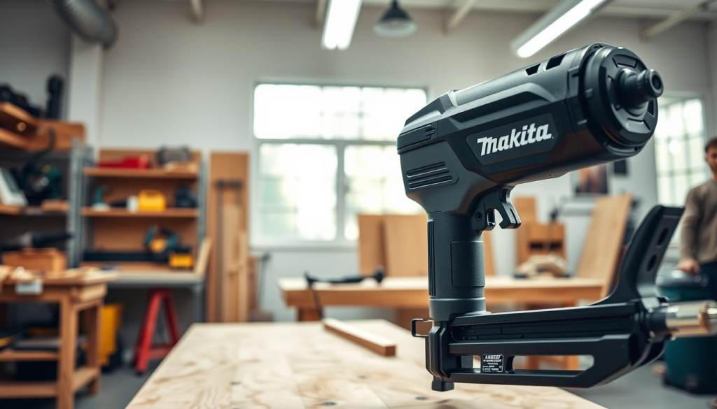 Makita nailer with precision features in a well-lit, clean workshop setting. Foreground shows the nailer's sleek black body, prominent Makita logo, and key controls like trigger and depth adjustment. Middle ground includes the nailer's magazine, air intake, and exhaust ports. Background features a wooden workbench, shelves with power tools, and bright, natural lighting through large windows. The overall mood is professional, focused, and showcasing the advanced engineering of this Makita nailer.