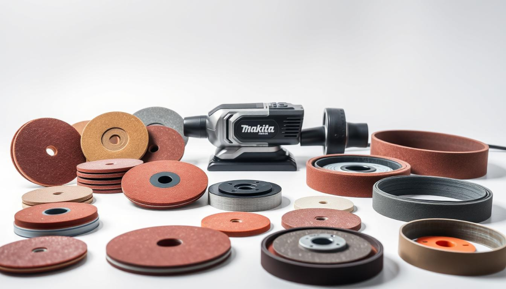 Makita palm sander accessories, presented in a clean, well-lit studio setting. In the foreground, a variety of sanding pads, discs, and belts in various grits and sizes are neatly arranged, showcasing the versatility of the tool. In the middle ground, the Makita palm sander itself is prominently displayed, its sleek, ergonomic design highlighted by soft, directional lighting. The background features a minimalist, white backdrop, allowing the products to take center stage and emphasizing their quality and attention to detail. The overall mood is one of professionalism, precision, and the promise of a smooth, effortless sanding experience.