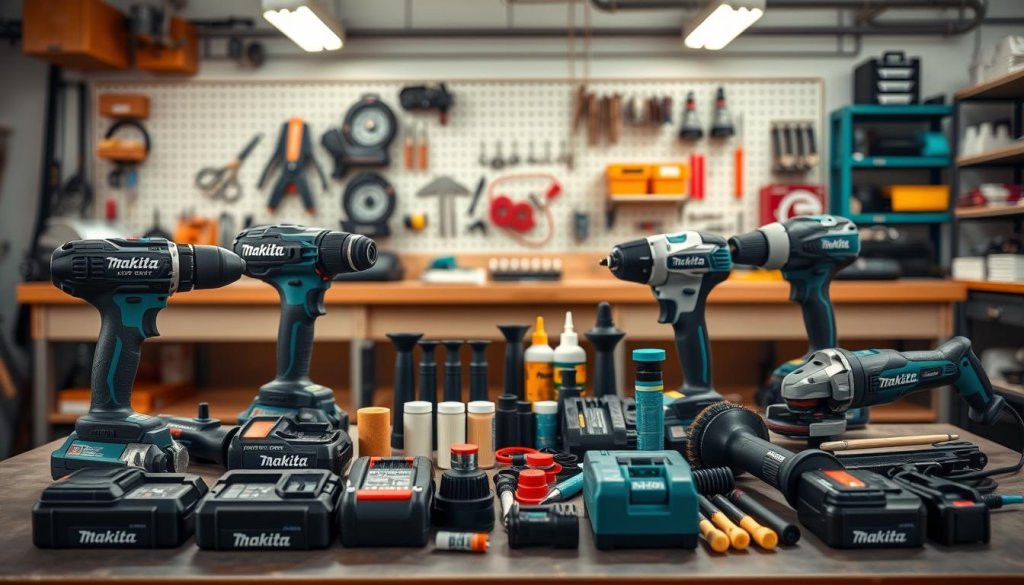 Makita power tool combo kit maintenance: a neatly arranged spread of tools, batteries, and accessories against a clean, well-lit workshop backdrop. The foreground features the combo kit's diverse power tools - drill, impact driver, grinder, and reciprocating saw - showcasing their sleek, durable Makita designs. In the middle ground, replacement parts and maintenance items such as brushes, filters, and lubricants are displayed, hinting at the importance of proper care. The background captures the organized workspace, with pegboards, shelves, and workbenches, conveying a sense of professionalism and attention to detail. Warm, directional lighting accentuates the metallic finishes and emphasizes the tools' industrial strength, while a shallow depth of field keeps the focus on the essential maintenance elements.