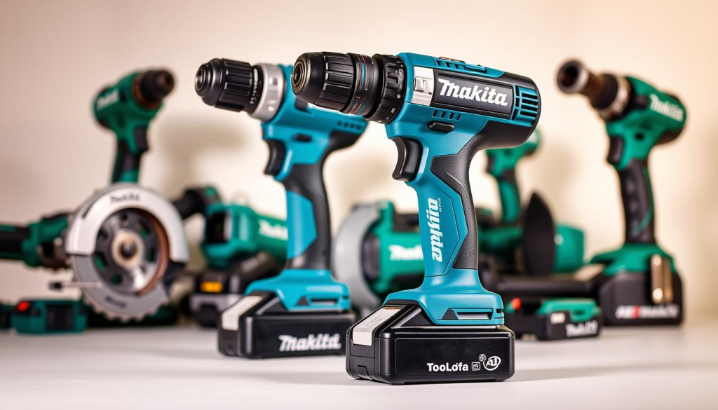 Makita power tools, a sleek and robust collection, standing prominently against a clean, minimalist background. In the foreground, a high-quality cordless drill in a vibrant blue hue, its battery pack and trigger mechanism showcased in vivid detail. Behind it, an assortment of Makita's signature green power tools, including a circular saw, impact driver, and angle grinder, all reflecting a warm, natural lighting that casts subtle shadows. The overall scene conveys a sense of quality, durability, and the reliable performance that Makita is renowned for, perfectly capturing the benefits of using these versatile power tools.