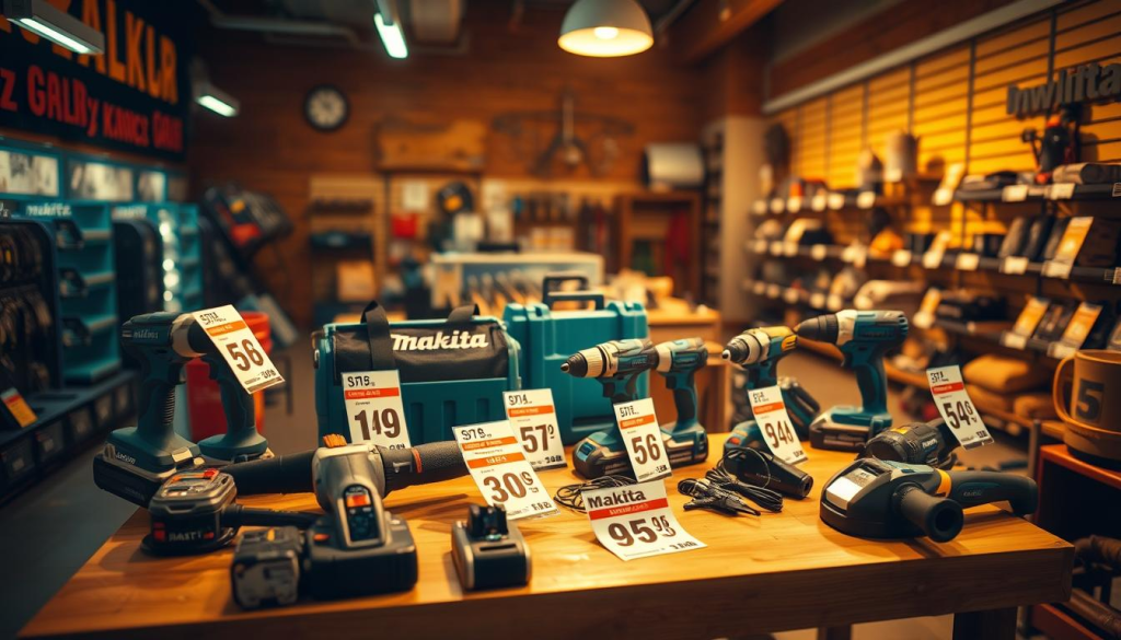 Makita power tools arranged on a wooden table in a dimly lit hardware store, with various sale price tags prominently displayed. The scene is bathed in warm, golden lighting, creating a cozy and inviting atmosphere. The tools are showcased against a clean, minimalist background, allowing the products to take center stage. The camera angle is slightly elevated, giving a bird's-eye view of the scene, capturing the depth and arrangement of the items on display. The overall composition emphasizes the promotional nature of the Makita clearance sale, drawing the viewer's attention to the discounted products.