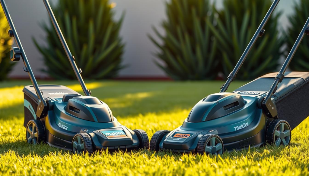 Meticulously detailed comparison of Makita cordless electric lawn mowers, showcased in a pristine outdoor setting. Foreground features two models side-by-side, their sleek designs and battery interfaces prominently displayed. Middle ground depicts lush, verdant grass reflecting the mowers' eco-friendly electric operation. Warm, natural lighting bathes the scene, highlighting the mowers' premium quality construction. Minimal background elements maintain focus on the products. Subtle shadows and reflections convey a sense of depth and realism. The overall composition emphasizes the Makita mowers' superior cordless convenience over traditional gas-powered alternatives.