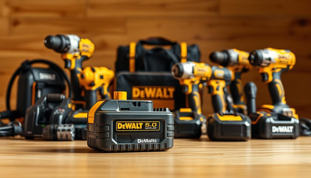 Meticulously detailed still life of Dewalt 5.0 battery accessories arranged on a clean, well-lit wooden surface. In the foreground, the Dewalt 5.0 battery pack is prominently displayed, its rugged design and prominent Dewalt branding clearly visible. Surrounding the battery are various accessories such as a compact charger, adapter, and a selection of compatible power tools. The middle ground features additional Dewalt tools and attachments, all cohesively arranged to showcase the battery's versatility and integration with the brand's ecosystem. The background is softly blurred, placing the focus squarely on the Dewalt product lineup. Warm, directional lighting casts subtle shadows, enhancing the three-dimensional quality and premium aesthetic of the scene.