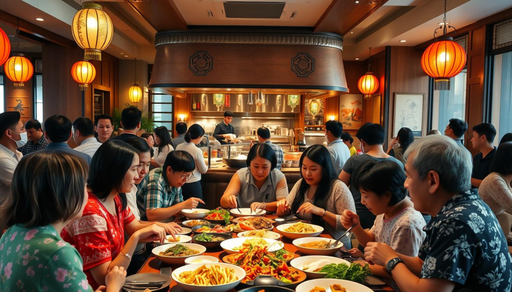 Mikata Buffet community involvement: A vibrant scene of diverse patrons gathered in a warm, inviting dining hall. In the foreground, families and friends enjoy a bountiful spread of delectable dishes, lively conversation filling the air. The middle ground showcases a bustling open kitchen, chefs skillfully preparing fresh, locally-sourced ingredients. In the background, decorative elements reflect the restaurant's cultural heritage, with colorful lanterns and traditional artwork adorning the walls. Soft, golden lighting casts a cozy glow, creating an atmosphere of togetherness and shared culinary delight. The scene exudes a sense of community, where people come together to savor the flavors and celebrate the spirit of the Mikata Buffet experience.
