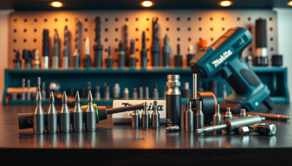 Precision driving accessories, a meticulously crafted collection of tools and gadgets essential for the Makita screw gun enthusiast. In the foreground, a sleek, high-torque screwdriver bit set with a variety of sizes and heads, gleaming under the warm studio lighting. In the middle ground, a magnetic wrist strap and a compact driver extension, designed for easy access and optimal control. The background features a selection of drill bits, countersinks, and other specialized attachments, all neatly organized on a minimalist display stand. The overall scene conveys a sense of professionalism, attention to detail, and a dedication to the craft of DIY projects, perfectly complementing the Makita screw gun as the ultimate tool for the discerning handyman.