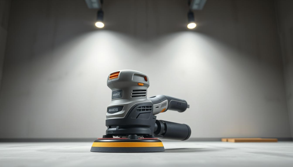 Prompt A detailed photorealistic image of an automatic drywall sander, showcased in a well-lit workshop setting. The sander has a sleek, ergonomic design with a powerful motor and dual-action sanding plates that can smoothly finish walls and ceilings. The device is positioned prominently in the foreground, with a neutral gray background that allows the tool to be the focal point. The lighting is soft and diffused, creating a sense of professionalism and precision. The angle is slightly elevated, providing a clear, unobstructed view of the sander's key features and functionality. The overall mood is one of efficiency, quality, and technological sophistication.