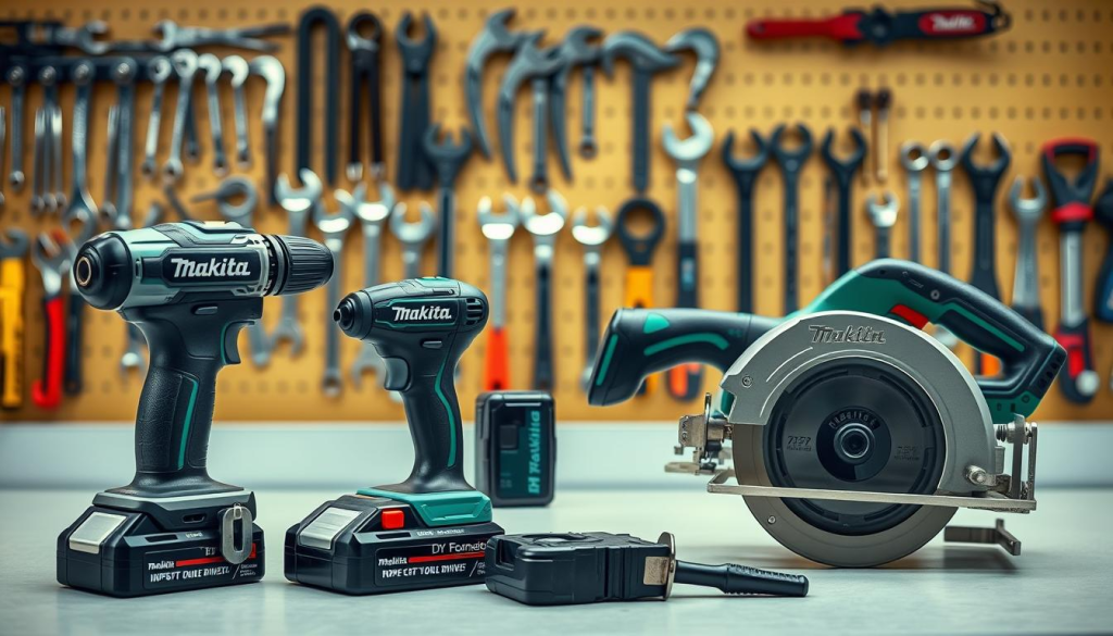 Prompt A high-quality Makita tool set, featuring a variety of durable and reliable power tools arranged on a clean, well-lit workbench. In the foreground, a Makita cordless drill, impact driver, and circular saw stand prominently, their sleek black and green designs conveying a sense of industrial strength. Behind them, a selection of Makita hand tools, such as wrenches and pliers, are neatly organized, showcasing the brand's commitment to comprehensive, professional-grade solutions. The background is softly lit, creating a warm, inviting atmosphere that highlights the tools' premium craftsmanship and attention to detail.
