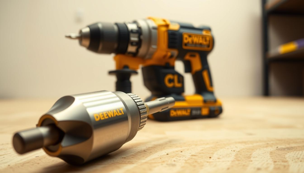 Prompt A high-resolution, detailed image of a DeWalt drill bit extension, showcasing its safety features. The extension is positioned in the foreground, with a warm, soft lighting illuminating its sleek, metallic surface. In the middle ground, a DeWalt cordless drill is visible, its ergonomic grip and trigger mechanism emphasized. The background features a clean, minimalist environment, highlighting the extension's practical application in a workshop or job site setting. The overall composition conveys a sense of professionalism, durability, and attention to safety considerations when using power tools in tight spaces.