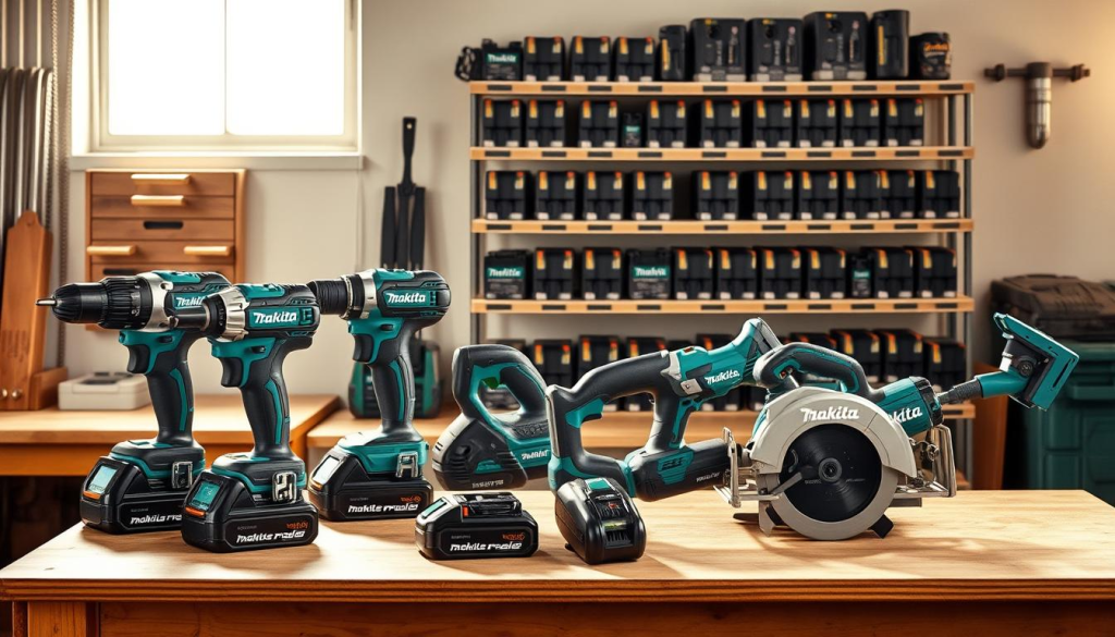 Prompt A well-lit workshop scene showcasing a variety of Makita cordless power tools, including a drill, impact driver, circular saw, and reciprocating saw. The tools are arranged in an organized manner on a sturdy workbench, their sleek, modern designs and vibrant Makita green accents highlighting their high-quality craftsmanship. Soft, directional lighting casts warm shadows, emphasizing the tools' robust construction and attention to detail. In the background, a tidy storage rack displays an array of batteries and chargers, reinforcing the cordless convenience and versatility of the Makita lineup. The overall atmosphere conveys a sense of professionalism, efficiency, and the reliable performance that Makita cordless tools are known for.