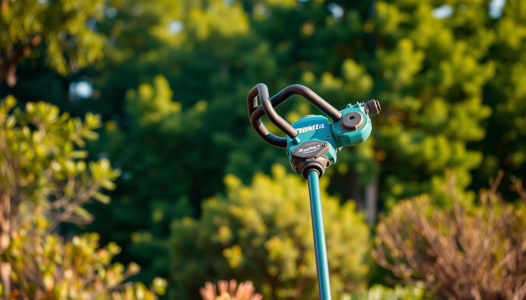 Realistic high-resolution image of a Makita pole saw against a backdrop of lush greenery. The saw is prominently displayed in the foreground, its sturdy construction and ergonomic design clearly visible. Behind it, a blurred landscape of trees and shrubs creates a natural, outdoor setting. Warm, diffused lighting from the side casts gentle shadows, accentuating the tool's contours. The image conveys a sense of quality, reliability, and practical application in a real-world environment, reflecting the customer reviews and the article's subject matter.