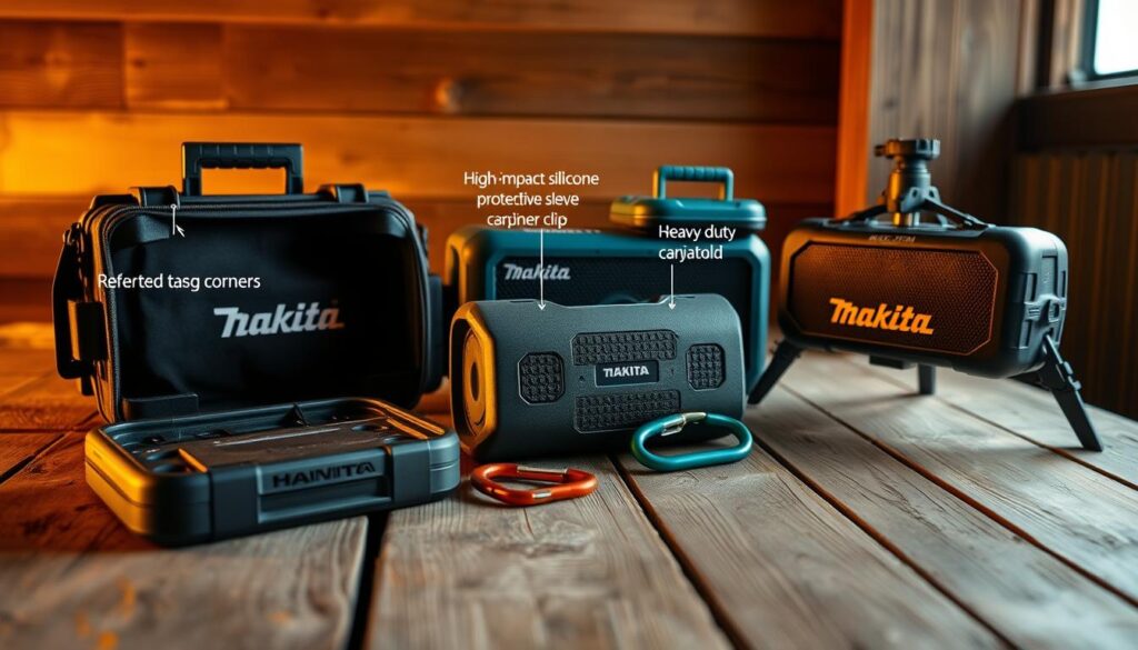 Rugged Makita speaker accessories arranged on a weathered wooden surface, illuminated by warm, directional lighting. In the foreground, a sturdy carrying case with reinforced corners and a padded interior. In the middle ground, a high-impact silicone protective sleeve and a heavy-duty carabiner clip. In the background, a durable, water-resistant Makita speaker stand with adjustable legs, ready to provide a stable platform for outdoor use. The scene conveys a sense of durability, versatility, and adventure, perfectly complementing the powerful Makita Bluetooth speaker.