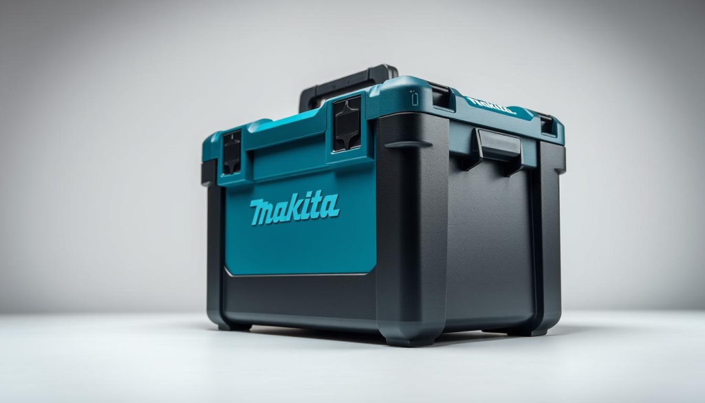 Sleek and sturdy Makita MAKPAC storage box, showcased in a well-lit, professional studio setting. The box's distinctive blue and black color scheme stands out against a neutral backdrop, highlighting its durable construction and thoughtful design. Intricate details, such as the embossed Makita logo and the robust plastic latches, are captured in high resolution, conveying a sense of quality and reliability. The box is positioned at an angle, allowing viewers to appreciate its thoughtful ergonomics and the ease of access to its contents. Soft, diffused lighting emanates from above, casting gentle shadows that accentuate the box's clean lines and reinforce its professional, workspace-friendly aesthetic.