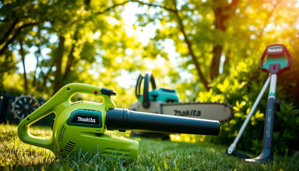 Vibrant outdoor power tools against a lush, natural backdrop. In the foreground, a sleek, lime-green Makita leaf blower, its powerful motor primed for effortless lawn cleanup. Behind it, a sturdy Makita chainsaw, its sharp blade gleaming in the dappled sunlight filtering through verdant foliage. In the distance, a Makita hedge trimmer stands ready, its precise dual-action blades poised to sculpt meticulously manicured hedges. The scene is bathed in a warm, golden glow, accentuating the quality and durability of these Makita outdoor power tools, designed to elevate any landscaping or gardening task with unparalleled performance.