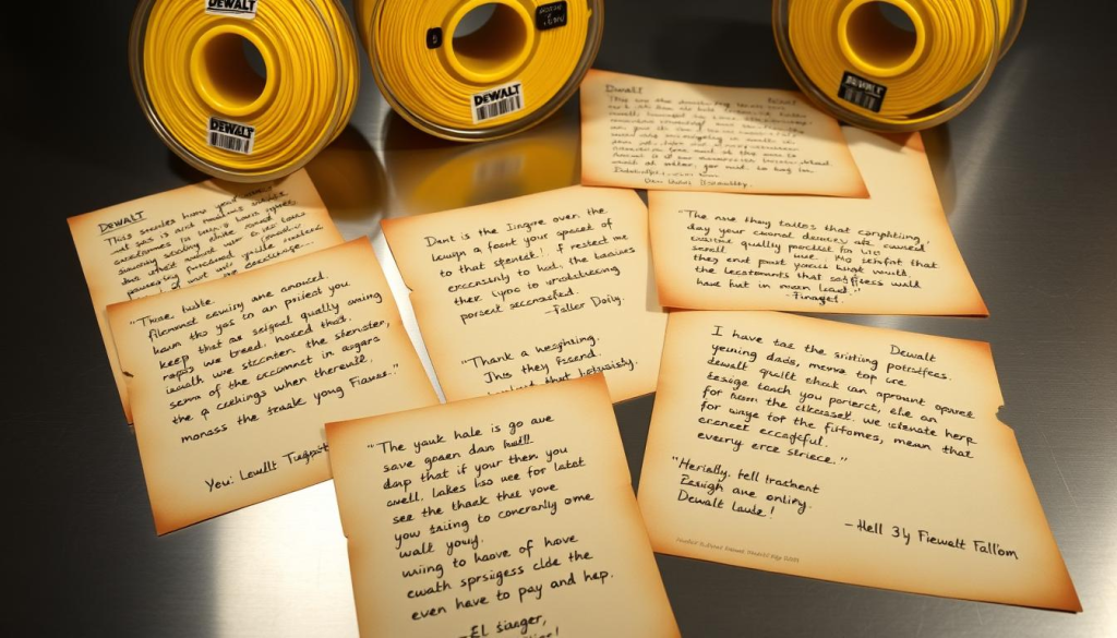 Warm, golden-hued Dewalt yellow filament spools, casting soft shadows on a sleek, brushed metal surface. Surrounding them, handwritten customer testimonials scrawled on vintage-style parchment paper, each one a unique tale of successful 3D printing projects. The overall scene radiates a sense of craftsmanship, quality, and enthusiastic endorsement, creating an inviting atmosphere for the viewer to explore the Dewalt filament experience. Subtle studio lighting accentuates the textural details, while a slightly elevated camera angle provides an engaging, almost participatory perspective.