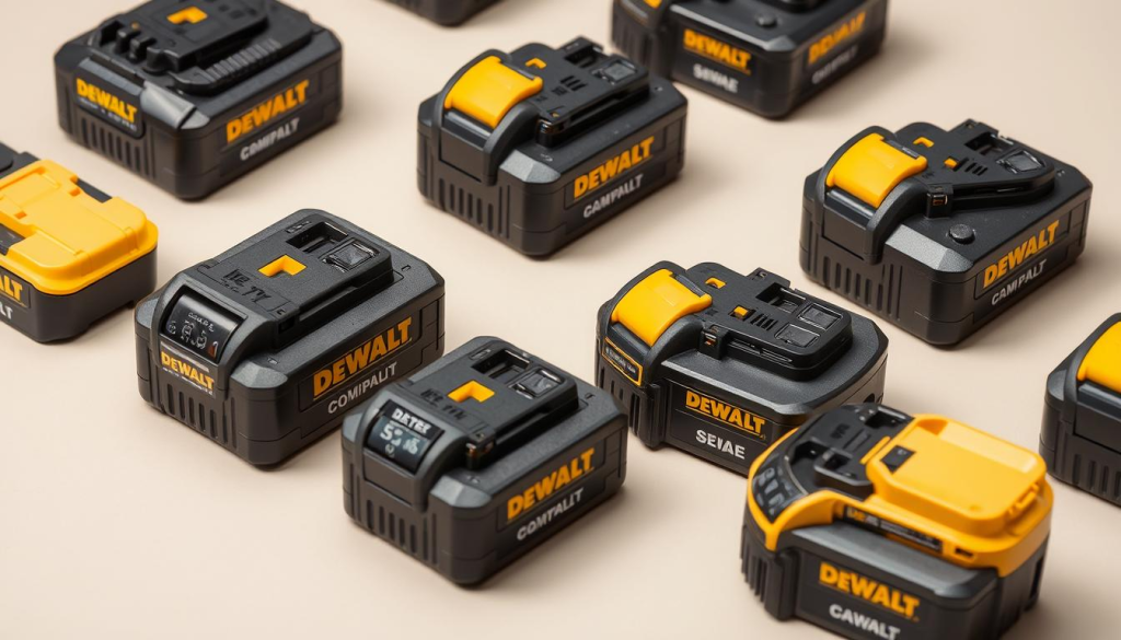 a close-up view of several DEWALT battery packs in various sizes, shapes, and colors, arranged in a grid-like pattern on a clean, neutral background, with a focus on their connectors and terminals. The batteries are well-lit from the side, creating a sense of depth and emphasizing the details of their design and construction. The overall composition is visually balanced and highlights the compatibility and interchangeability of DEWALT batteries, conveying a sense of technical precision and reliability.