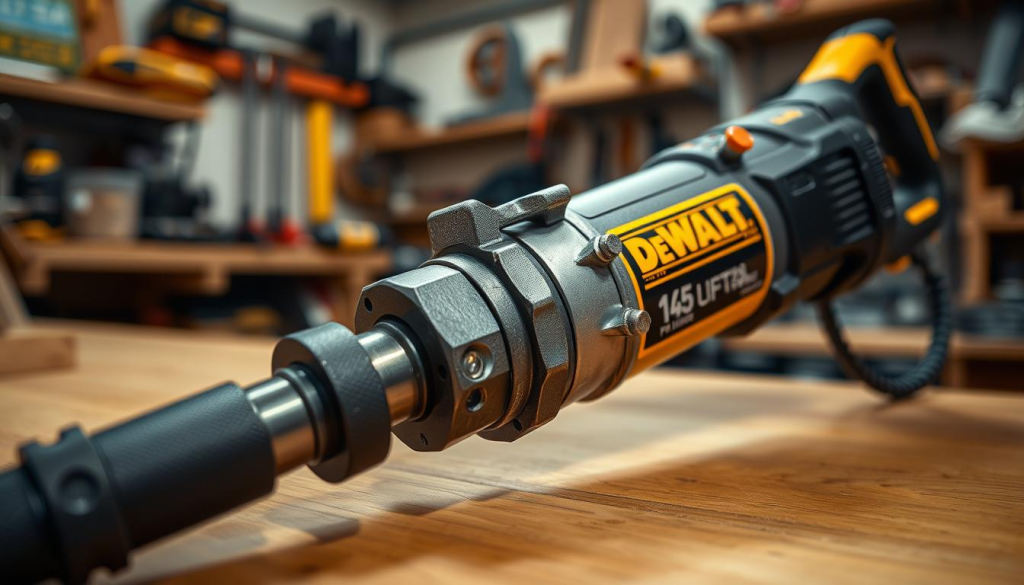 a closeup shot of a heavy-duty dewalt power tool in a well-lit workshop setting, showing the tool's sturdy metal construction, textured rubber grip, and intricate mechanical components. the tool is placed on a smooth wooden surface, with a slightly blurred background of shelves and tools, conveying a sense of professional-grade quality and durability. the lighting is bright and natural, emphasizing the tool's high-quality finish and attention to detail. the overall mood is one of confidence and reliability, reflecting the reputation of the dewalt brand.