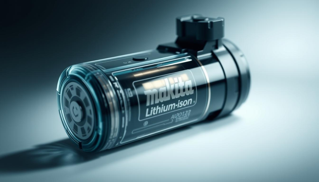 a detailed close-up of a lithium-ion battery, rendered in high detail and realistic lighting, showcasing its intricate internal structure and components. The battery is positioned in a 3/4 angle view, with a focus on the exposed cell elements and circuitry. The background is a clean, minimalist studio setting with subtle highlights to draw attention to the battery. The overall mood is one of technical precision and engineering prowess, reflecting the advanced battery technology powering the Makita 18V cordless vacuum.