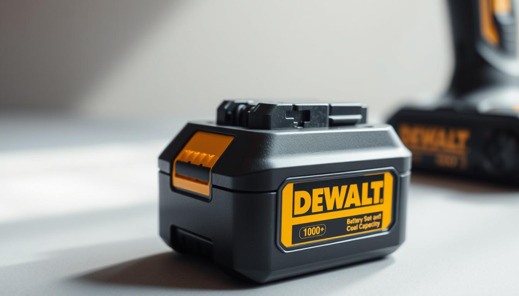a detailed close-up photograph of a DEWALT power tool battery pack, shot with a high-resolution camera using a shallow depth of field to emphasize the technical specifications and branding elements. The battery is placed on a clean, neutral background with soft, directional lighting that casts subtle shadows to accentuate the textures and contours. The composition focuses on the battery's form factor, terminal contacts, capacity indicators, and the DEWALT logo, conveying a sense of precision engineering and product quality.