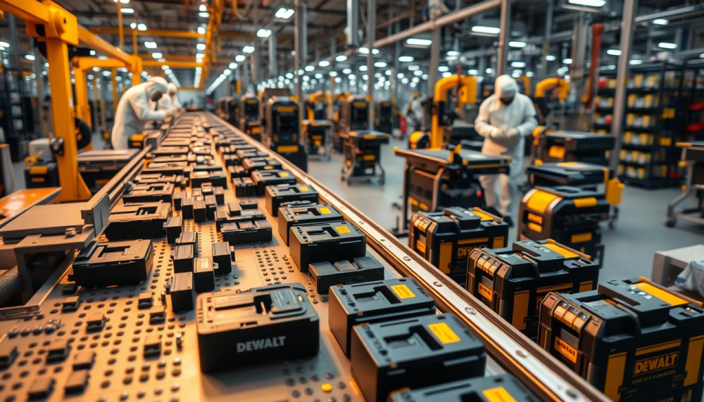a detailed, close-up view of the manufacturing process of DEWALT power tool batteries, showcasing the intricate components and assembly steps. the foreground features a conveyor belt with various battery cells, modules, and packs in different stages of production, illuminated by warm industrial lighting. the middle ground shows technicians in clean room suits carefully inspecting and assembling the components using specialized tools and equipment. the background depicts the expansive factory floor with rows of robotic machinery, storage racks, and quality control stations, conveying a sense of scale and precision. the overall scene radiates a mood of high-tech engineering, quality assurance, and supply chain transparency.