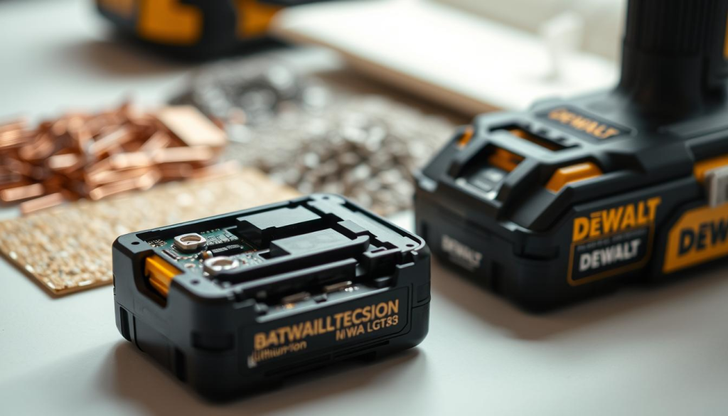 a detailed close-up view of various materials used in the construction of a DEWALT battery pack, shot from an angle that highlights the intricate engineering and precision manufacturing involved. The foreground features a disassembled battery pack, revealing the lithium-ion cells, circuit board, metal casing, and other components. The middle ground showcases a range of materials like copper, nickel, and plastic in their raw form, emphasizing the high-quality materials that go into DEWALT's batteries. The background is softly blurred, creating a sense of depth and focus on the battery components. The lighting is soft and directional, casting subtle shadows that accentuate the textures and contours of the materials. The overall mood is one of technical precision and attention to detail, reflecting the engineering excellence behind DEWALT's battery technology.
