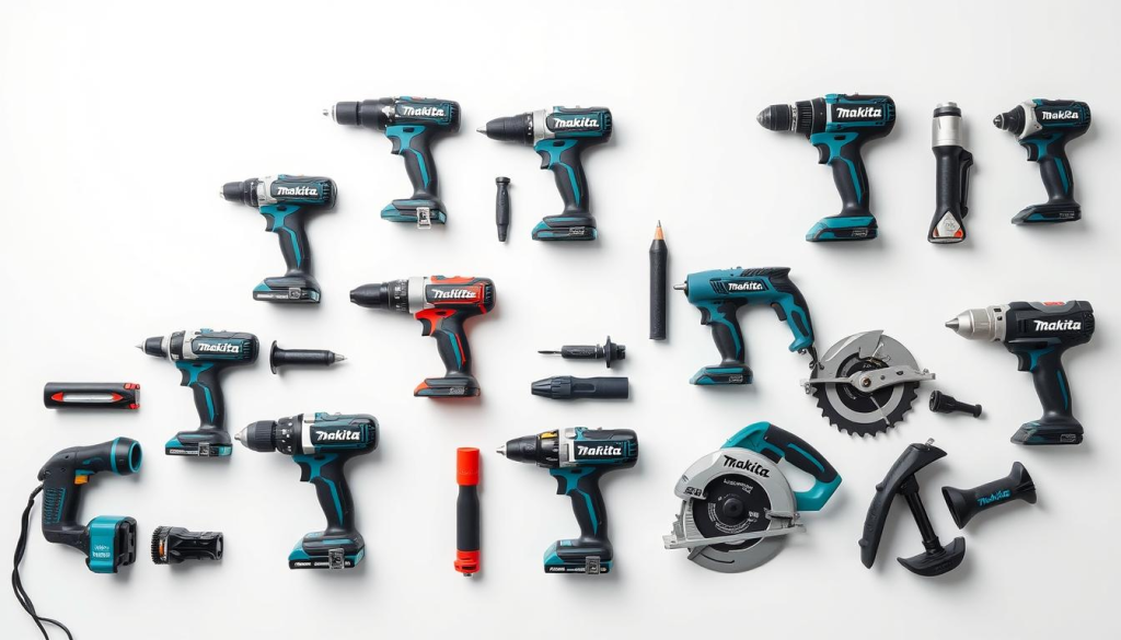 a detailed comparison of various Makita power tools, including drills, impact drivers, and circular saws, arranged in a clean and organized layout on a sleek, minimalist white background, with smooth, even lighting and a crisp, professional look, showcasing the key features and specifications of each tool in a clear and visually appealing manner, conveying the high-quality, reliable nature of the Makita brand and the wide range of options available to meet the needs of DIY enthusiasts and professional tradespeople.