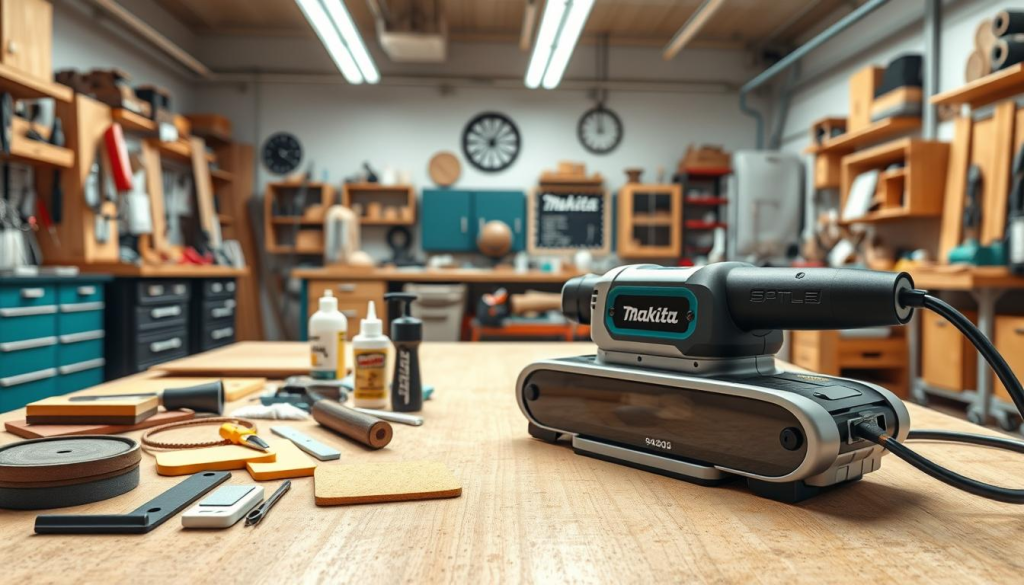 a detailed, high-quality 3d render of a Makita 9403 belt sander in a well-lit workshop environment, showcasing various maintenance tips and procedures. the sander is prominently displayed in the foreground, with a clear view of its components and mechanisms. the middle ground features various tools, materials, and accessories commonly used for sanding and maintenance, such as sandpaper, lubricants, and cleaning supplies. the background depicts a tidy, organized workspace with shelves, cabinets, and other woodworking equipment. the lighting is bright and evenly distributed, creating a crisp, professional look. the overall scene conveys a sense of precision, care, and attention to detail, reflecting the importance of proper maintenance for the long-term performance of the Makita 9403 belt sander.