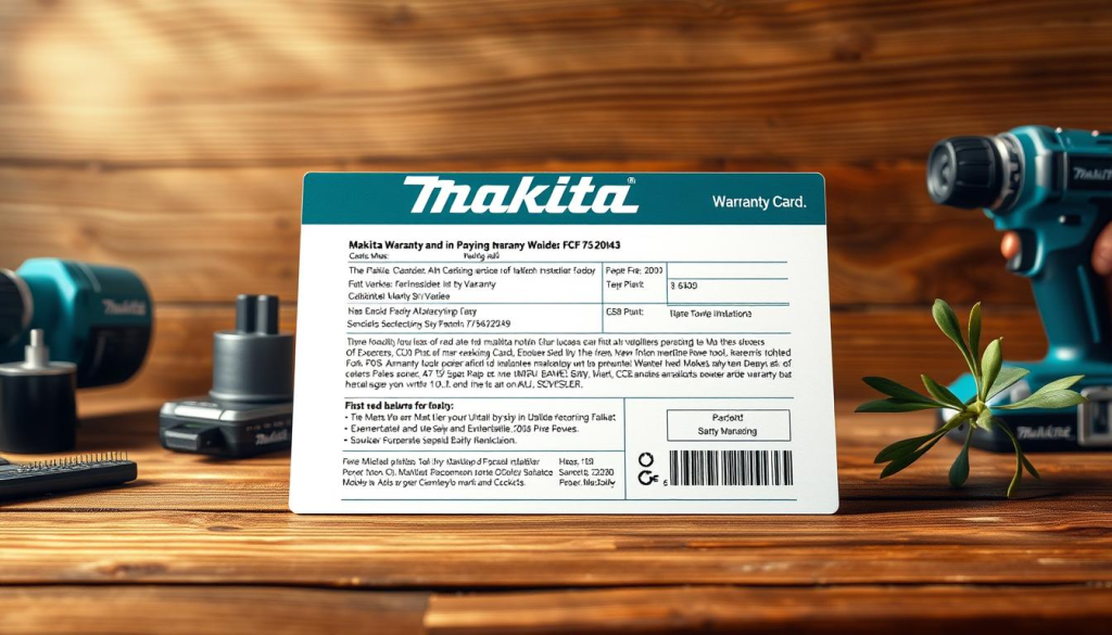 a detailed illustration of a Makita power tool warranty card, displayed on a wooden table with natural lighting, captured with a wide-angle lens to showcase the entire card and its surroundings. The warranty card is the central focus, prominently featured with clear visibility of the warranty period and other important details. The background features a warm, rustic atmosphere with subtle textures and natural elements, such as wood grain or a simple plant, to create a professional and trustworthy ambiance, reflecting the reliability of the Makita brand and its warranty coverage.