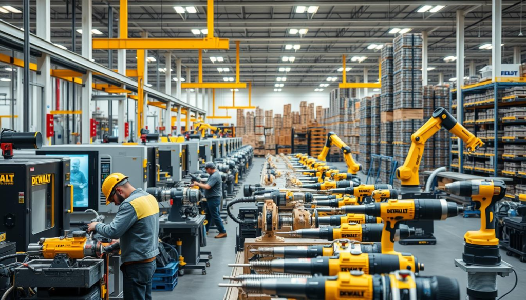 a detailed industrial scene showcasing DEWALT's manufacturing standards, with a focus on precision engineering and quality control. The foreground depicts a modern assembly line, with workers in protective gear meticulously assembling power tools. The middle ground features rows of gleaming machinery, including CNC mills, lathes, and robotic arms, operating with efficient synchronization. In the background, a vast warehouse space is visible, filled with neatly stacked DEWALT products, conveying a sense of scale and volume. Bright, diffused lighting illuminates the scene, creating a clean, professional atmosphere. The overall composition emphasizes the brand's commitment to rigorous manufacturing processes and unwavering attention to detail.
