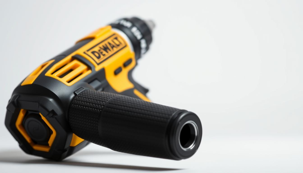 a detailed product shot of a high-torque impact driver, angled from the side to showcase its powerful design. the driver has a sleek black and yellow color scheme, with knurled grip and metallic accents. the body has angular lines and cooling vents, conveying its industrial-strength construction. in the foreground, the chuck and battery are prominently displayed, while the background is a clean studio setting with soft, even lighting to highlight the tool's features. the overall mood is one of professional-grade power and precision, suitable for illustrating an overview of dewalt's impact driver lineup.
