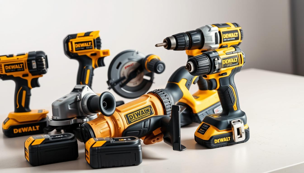 a detailed still life image of an assortment of DEWALT power tools, including a cordless drill, angle grinder, reciprocating saw, and impact driver, arranged on a clean, well-lit workbench or table against a neutral background. The tools should be depicted in high resolution with a sharp focus, showcasing their rugged, professional-grade construction and branding. The lighting should be natural and even, creating a sense of quality and craftsmanship. The composition should be balanced and visually appealing, highlighting the tools' distinct shapes, textures, and colors to convey the DEWALT brand's reputation for durability and reliability.