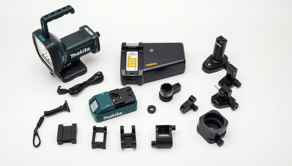 a detailed still life photograph of various Makita work light accessories arranged on a clean white background, including a Makita LED work light, a Makita rechargeable battery pack, a Makita charger, and various light mounts and adapters, all well-lit from multiple angles to showcase their features and construction, with a sense of precision and professionalism that would be appropriate for an instructional article on Makita lighting products